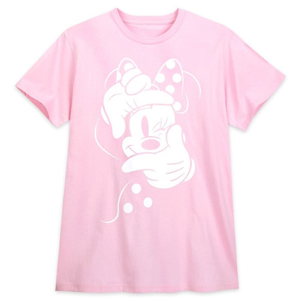 Disney Pink White Minnie Mouse Winking Short Sleeve Cotton Graphic T-Shirt Large - Picture 1 of 9